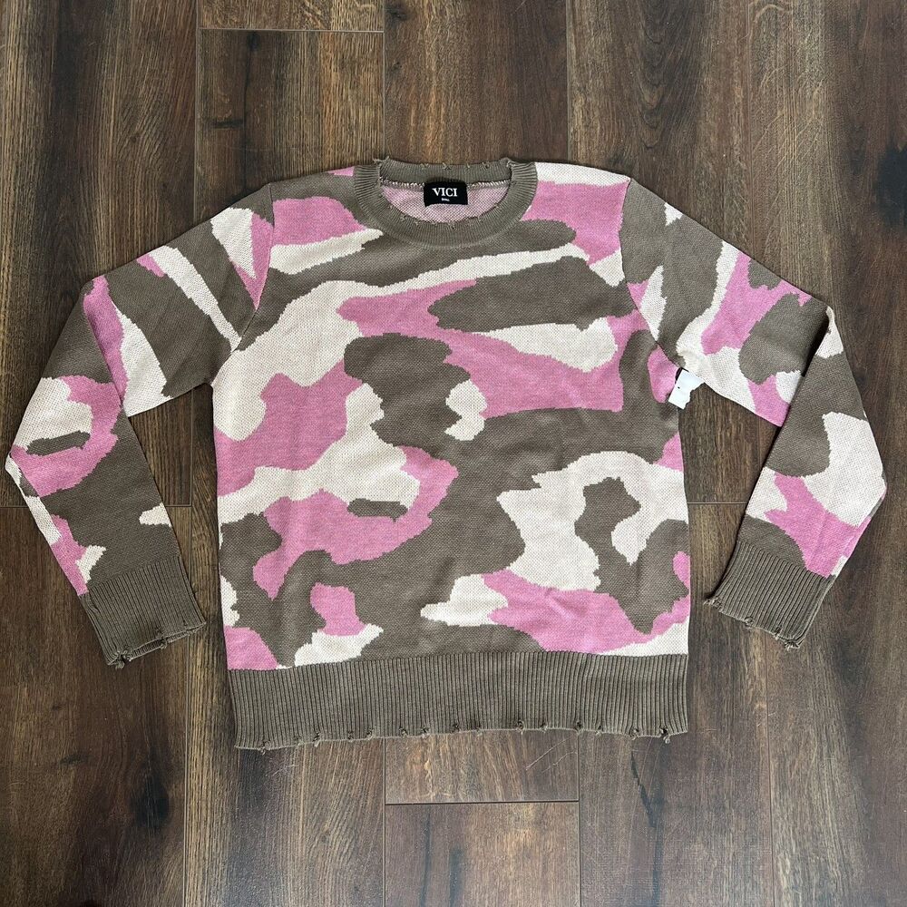 VICI Distressed Camouflage Knit Sweater - Pink Olive Camo Crewneck - Size Small